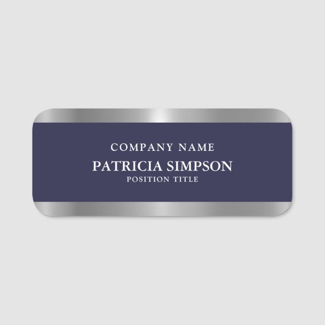 Professional Elegant Sapphire Blue Metallic Silver Name Tag (Front)