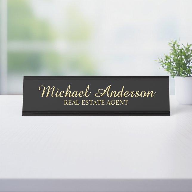 Professional Elegant Script Black and Gold Desk Name Plate (Creator Uploaded)