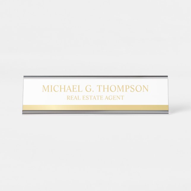 Professional Elegant White and Gold Desk Name Plate (Front)