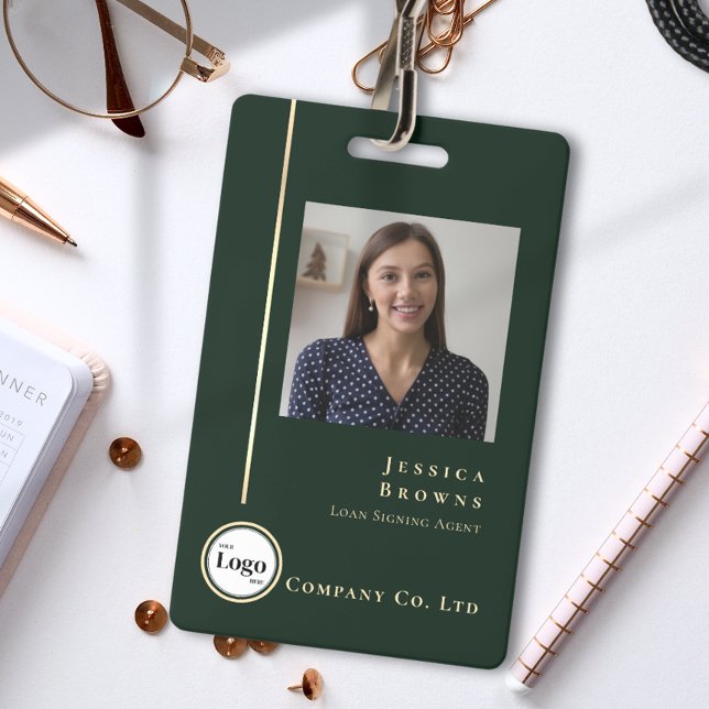 Professional Emerald Green Gold Photo Logo QR code ID Badge (Professional Emerald Green Gold Photo Logo QR code Badge)