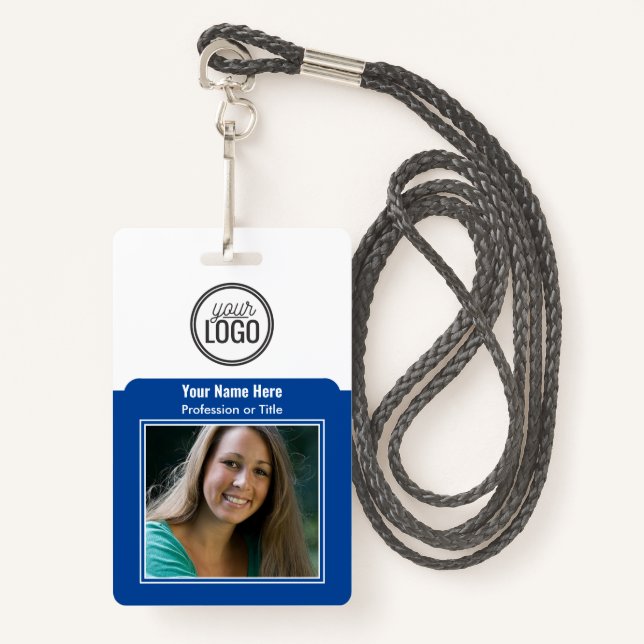 Professional Employee Logo Photo Barcode Dark Blue ID Badge (Front with Lanyard)
