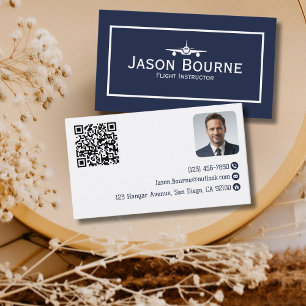 Professional Employee Photo QR Code Blue Aviation  Business Card