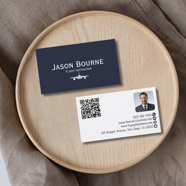 Professional Employee Photo QR Code Blue Aviation  Business Card (Creator Uploaded)