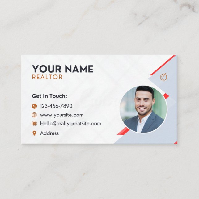 Professional Employee Photo white red Real Estate Business Card (Front)