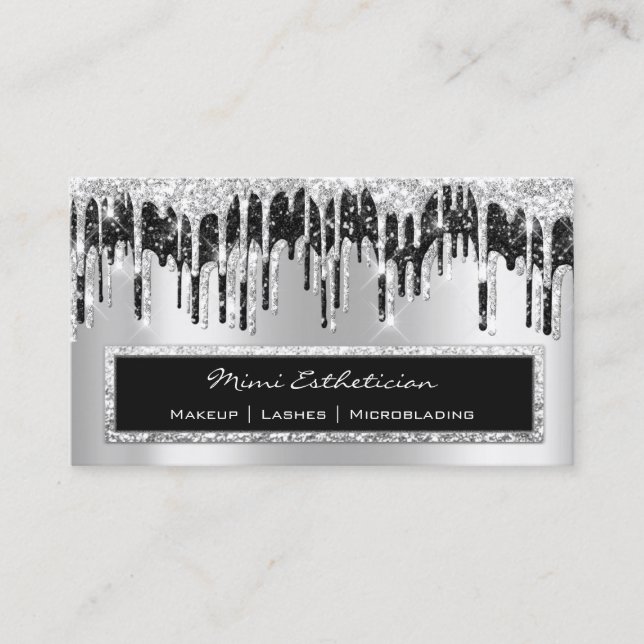 Professional Event Eyelash Rose Silver Black Drips Business Card (Front)