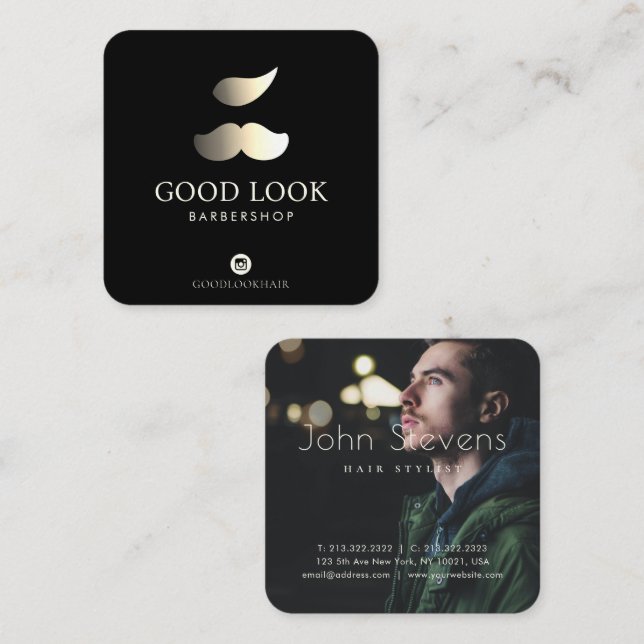 Professional Faux Gold Moustache Hair Barber Photo Square Business Card (Front/Back)