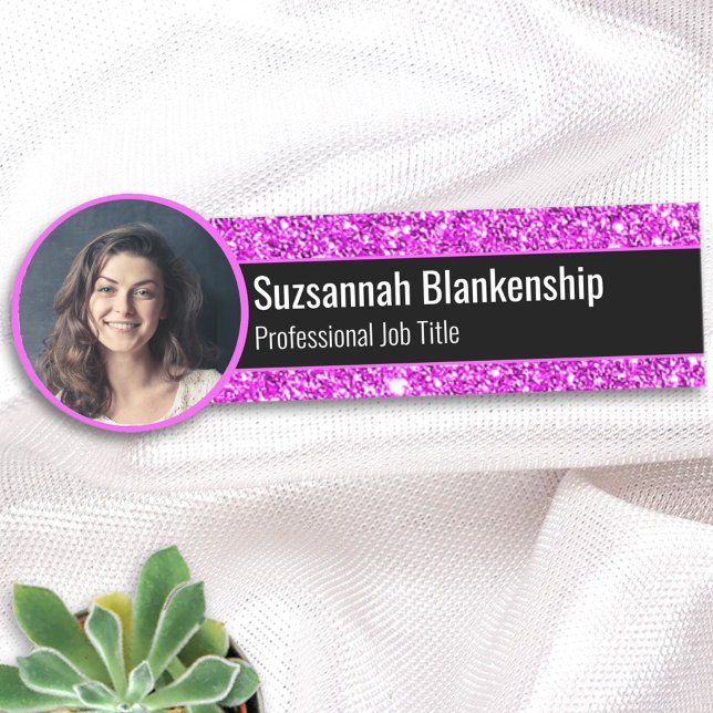 Professional Faux Pink Glitter Custom Photo Name Tag (Creator Uploaded)