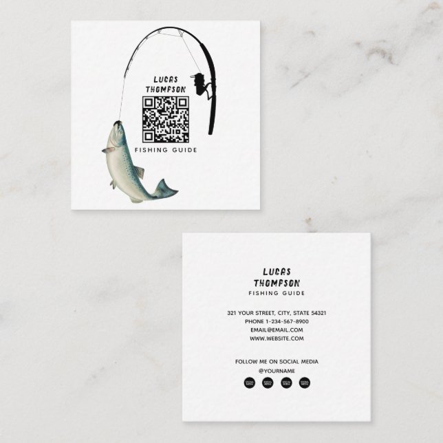 Professional Fishing Guide Charters QR Code Square Business Card (Front/Back)