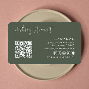 Professional Forest Green Qr Code Minimal Script Business Card