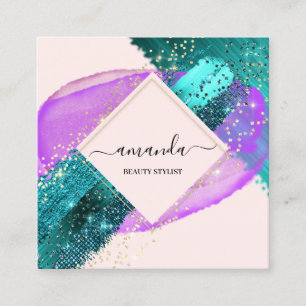 Professional Framed Gold Beauty Logo Purple Teal Square Business Card