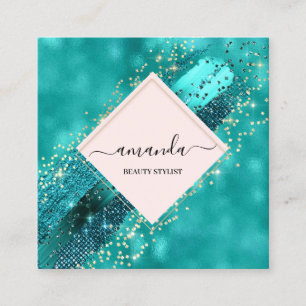 Professional Framed Gold Beauty Logo Tropical Aqua Square Business Card