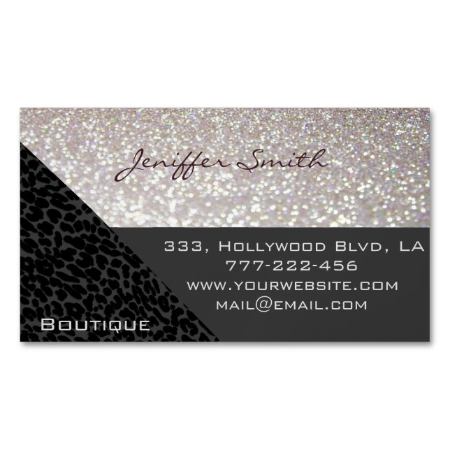 Professional glamourous elegant leopard glittery 	Magnetic business card (Front)