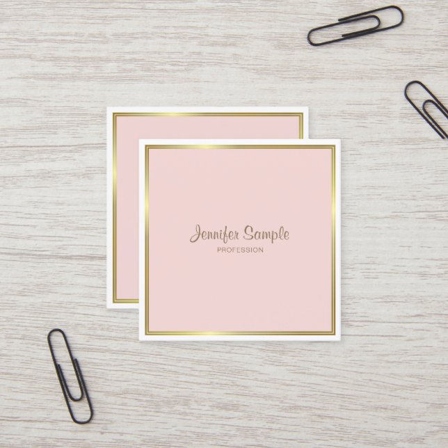 Professional Gold Blush Pink White Luxury Plain Square Business Card (Front/Back In Situ)