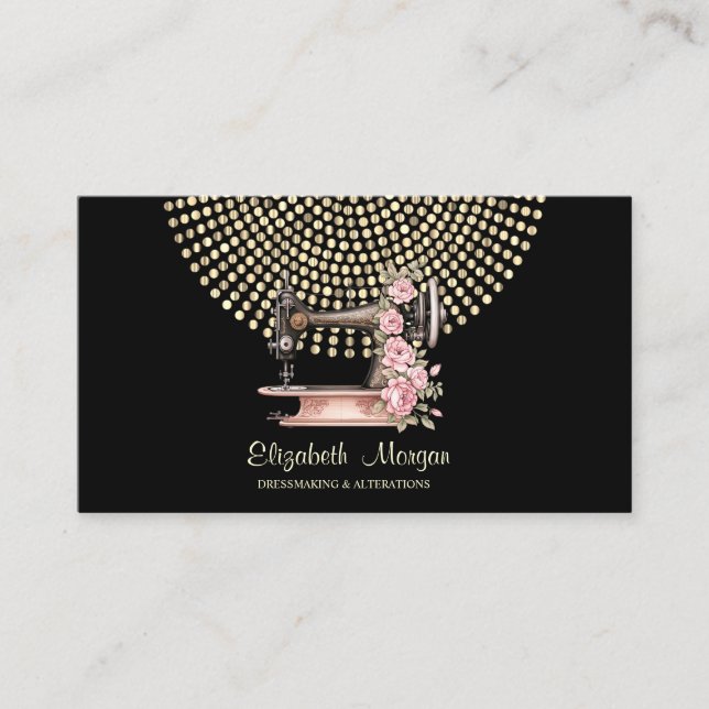 Professional,Gold Dots Sewing Machine Black Business Card (Front)