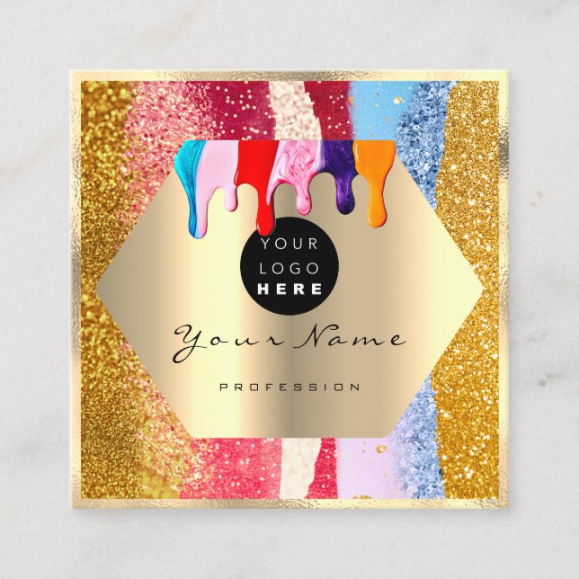 Professional Gold Glitter Brush Strokes  Drips Square Business Card (Front)