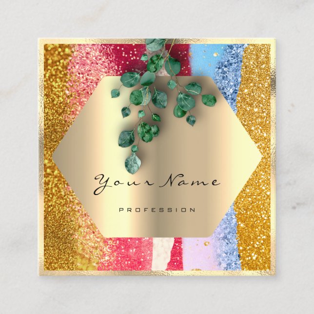 Professional Gold Glitter Brush Strokes  Floral Square Business Card (Front)