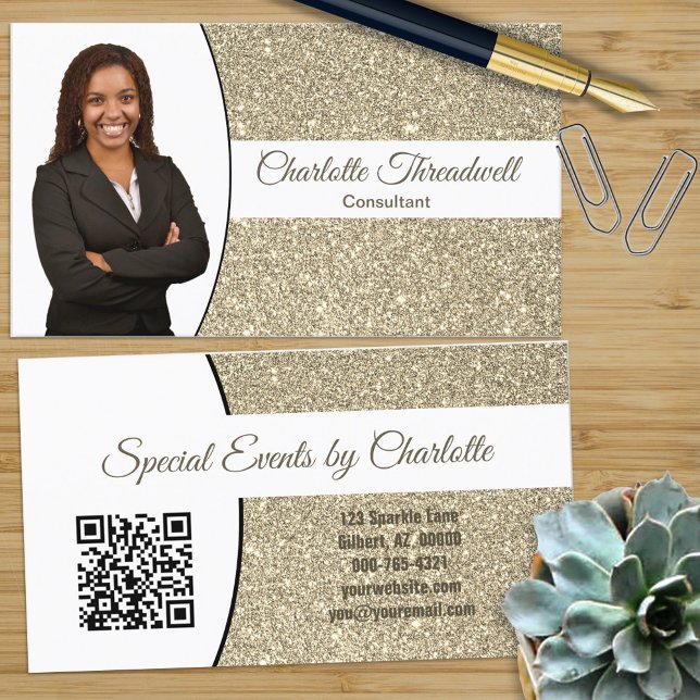 Professional Gold Glitter Custom Photo QR Code Business Card (Creator Uploaded)