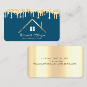 Professional Gold Glitter Drips Real Estate Blue Business Card