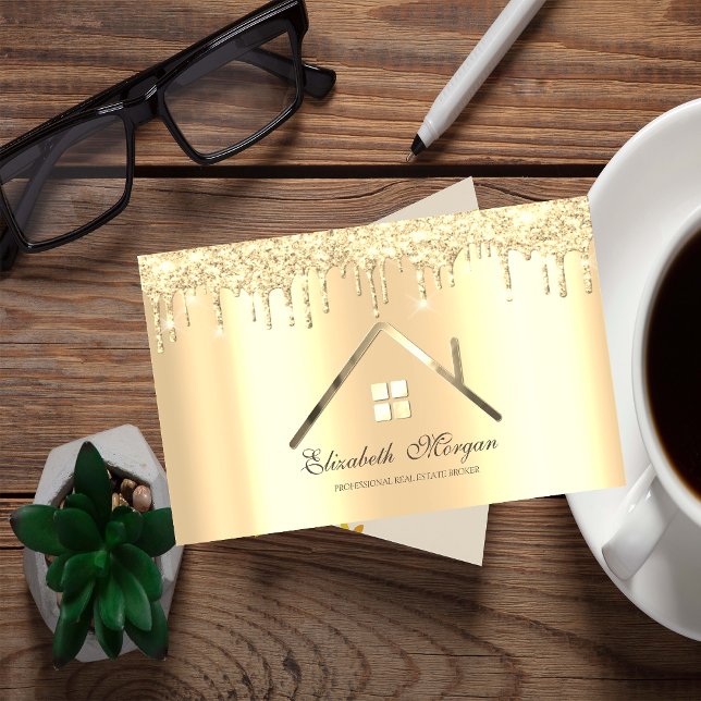 Professional Gold Glitter Drips Real Estate Business Card (Creator Uploaded)
