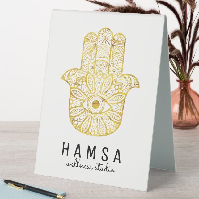 Professional Gold Hamsa Folded Tabletop Sign (In SItu (Table))