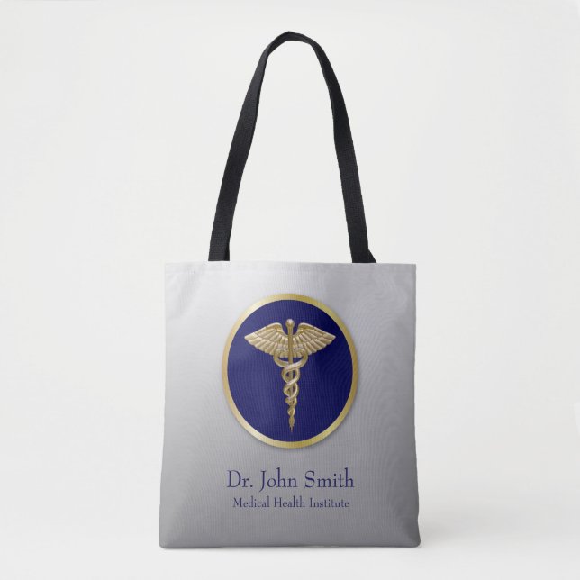 Professional Gold Medical Caduceus Blue Tote Bag (Front)