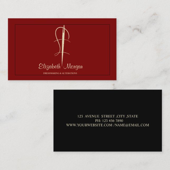  Professional,Gold Needle Sew Alterations Red Business Card (Front/Back)