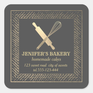 Professional gold rolling pin whisk chef bakery square sticker