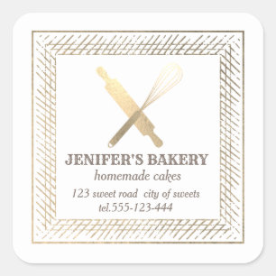 Professional gold rolling pin whisk chef bakery square sticker