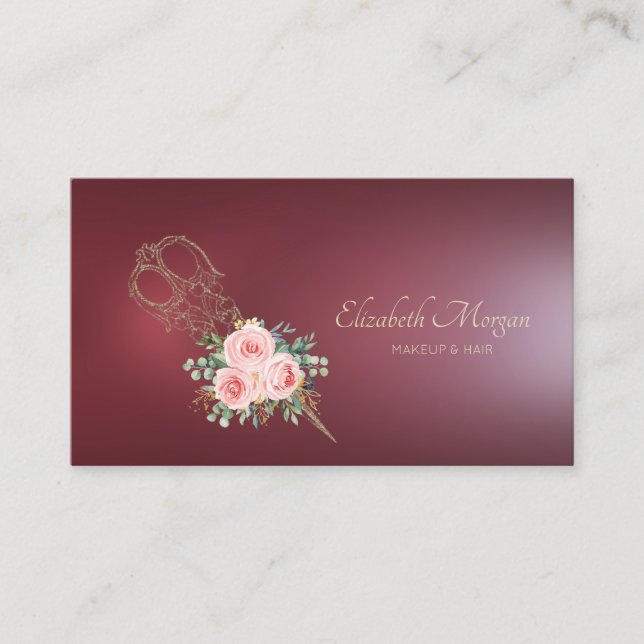 Professional Gold Scissors Flowers Burgundy Business Card (Front)