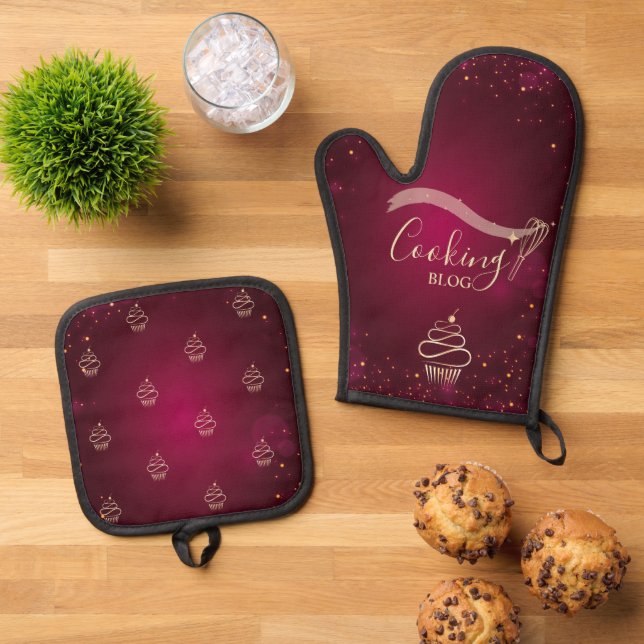  Professional,Gold Whisk,Cupcake,Cooking Burgundy Oven Mitt & Pot Holder Set (Top Down)