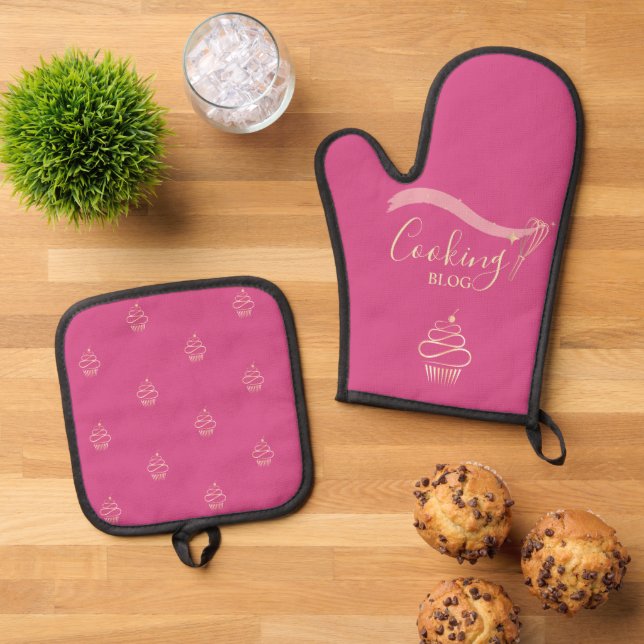  Professional,Gold Whisk,Cupcake,Cooking Fushia Oven Mitt & Pot Holder Set (Top Down)
