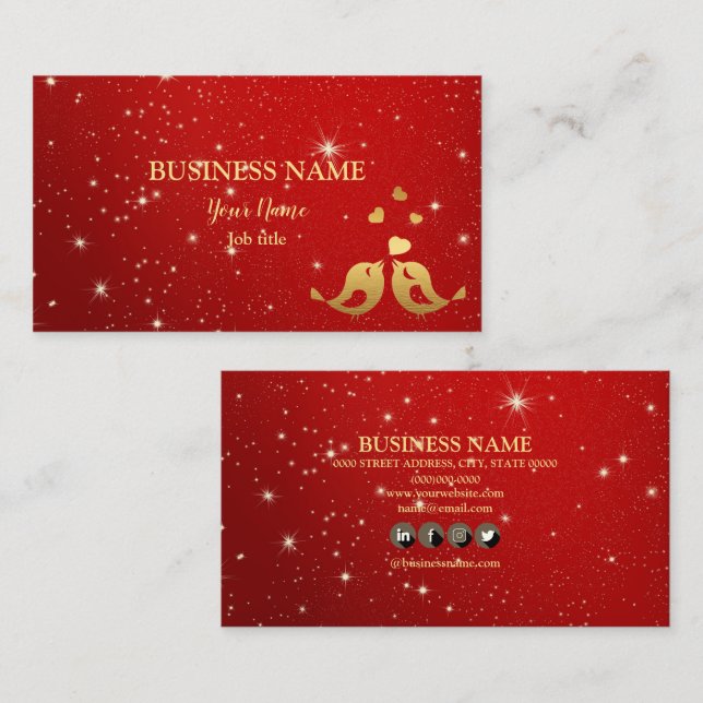 Professional Golden Birds Hearts Red Shiny Rustic Business Card (Front/Back)