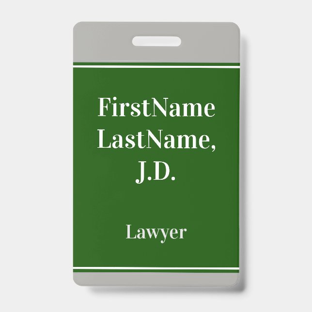 Professional, Green, Custom Lawyer Name Badge ID Badge (Front)