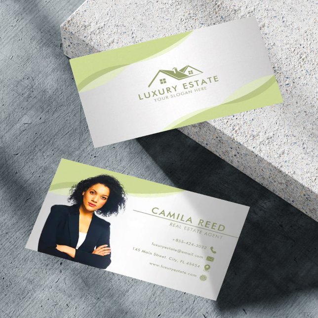 Professional Green & Grey Real Estate Agent Photo Business Card (Creator Uploaded)
