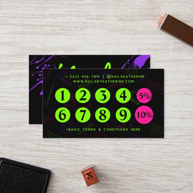 Professional Green Neon Purple Nails Nail Salon  Loyalty Card (Front/Back In Situ)