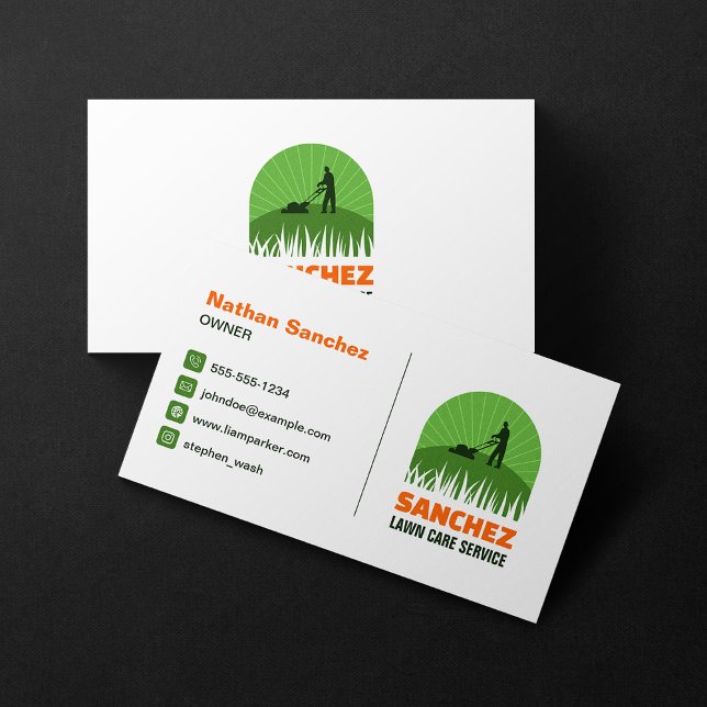 Professional Green & Orange Lawn Care Mowing Business Card (Creator Uploaded)