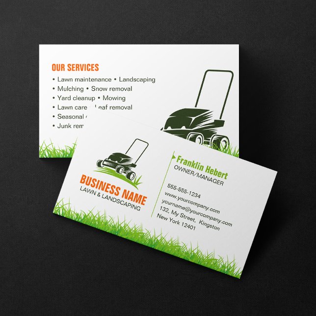 Professional Green Orange Lawncare Landscaping Mow Business Card (Creator Uploaded)