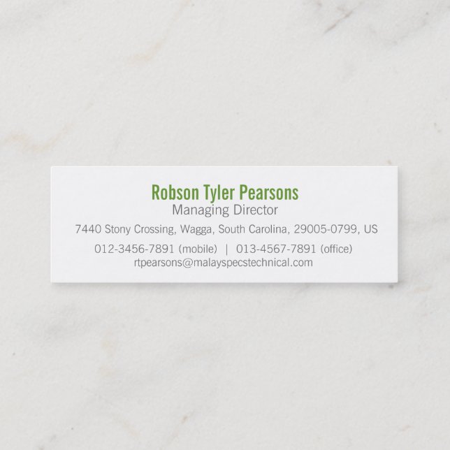 Professional green & white skinny business card (Back)