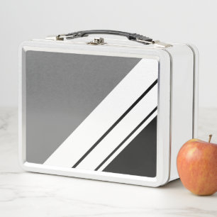 Professional Grey Black White Slant Racing Stripes Metal Lunch Box
