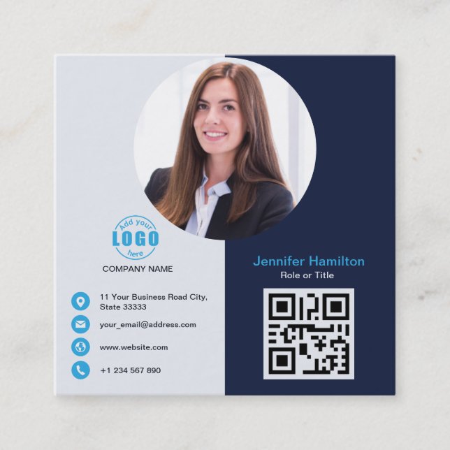 Professional Grey Blue add your Photo QR Code Squa Square Business Card (Front)
