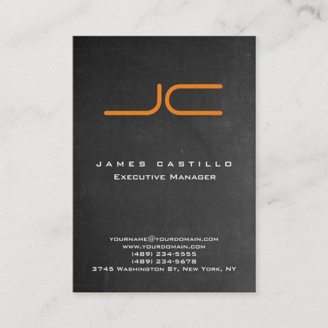 Professional Grey Chalkboard Orange Monogram Business Card (Front)