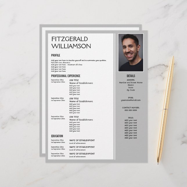 Professional Grey Custom Photo RESUME  Custom Letterhead (Front/Back In Situ)