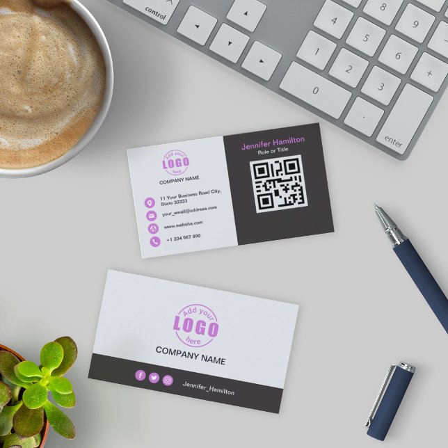 Professional Grey Purple add your Logo QR Code  Business Card (Creator Uploaded)