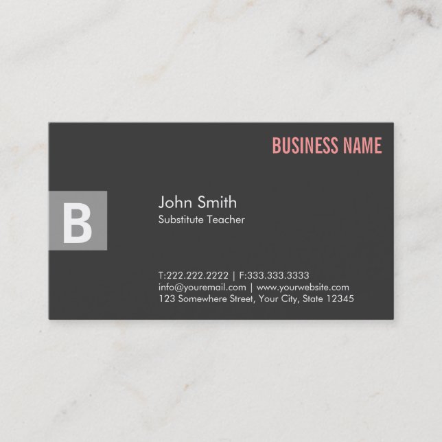 Professional Grey Substitute Teacher Business Card (Front)