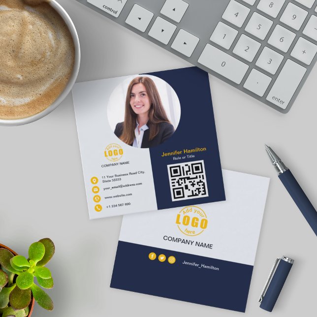 Professional Grey Yellow add your Photo QR Code Sq Square Business Card (Creator Uploaded)