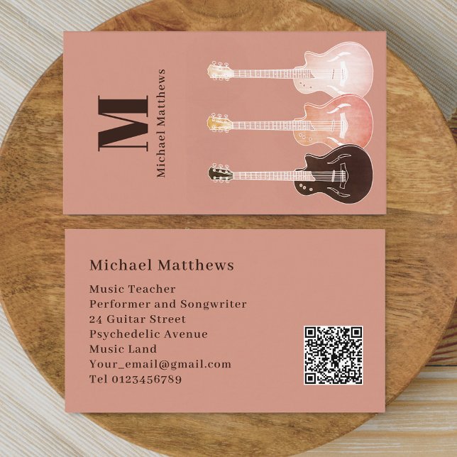 Professional Guitar Musician Custom QR Code Business Card (Guitar teacher professional musician Qr code Business card Country music semi acoustic guitar art )