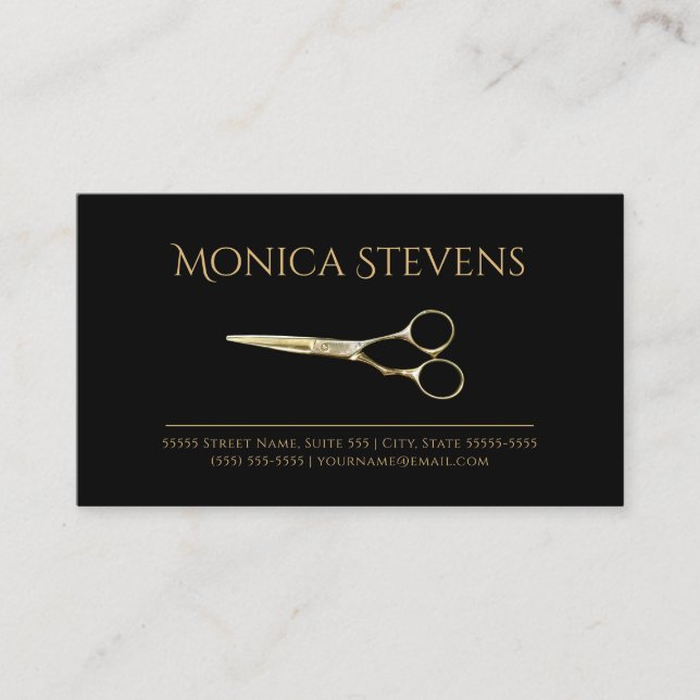 Professional Hair Stylist Black With Gold Scissors Business Card (Front)