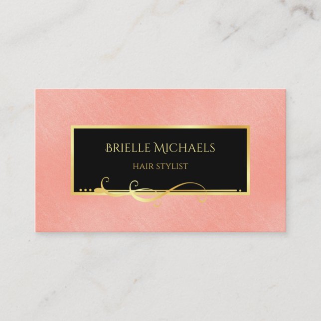 Professional Hair Stylist Coral Pink and Gold  Business Card (Front)