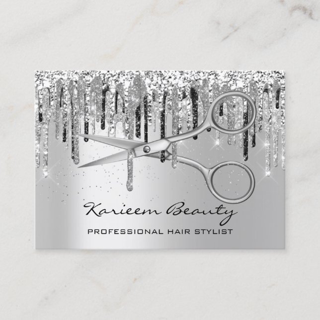 Professional Hair Stylist Silver Grey Scissors Business Card (Front)