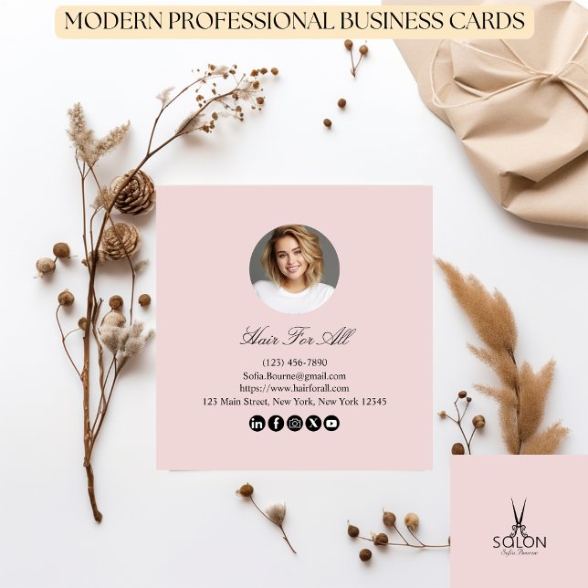 Professional Hairdresser Photo Modern Blush Pink Square Business Card (Creator Uploaded)